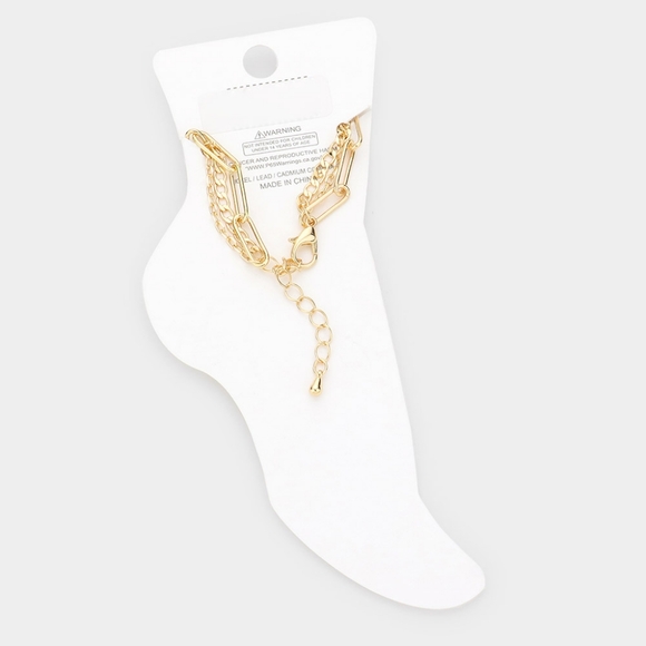 Triple Layered Gold Link Chain Style Round CZ Anklet Fashion Jewelry Accessory - Picture 2 of 2
